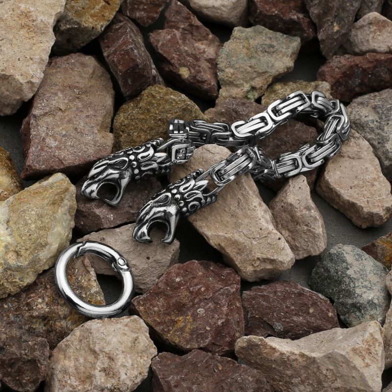 Braccialetto hip-hop punk in acciaio inossidabile con testa di lupo e leopardo vichingo, accessori in stile maschile_voghion.com
