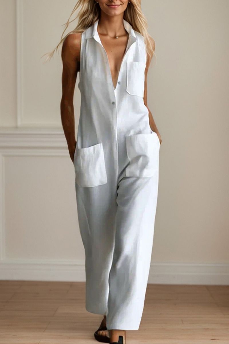 Dameskleding Zomer Losse Effen Kleur Casual Mouwloos Revers Jumpsuit Broek_voghion.com