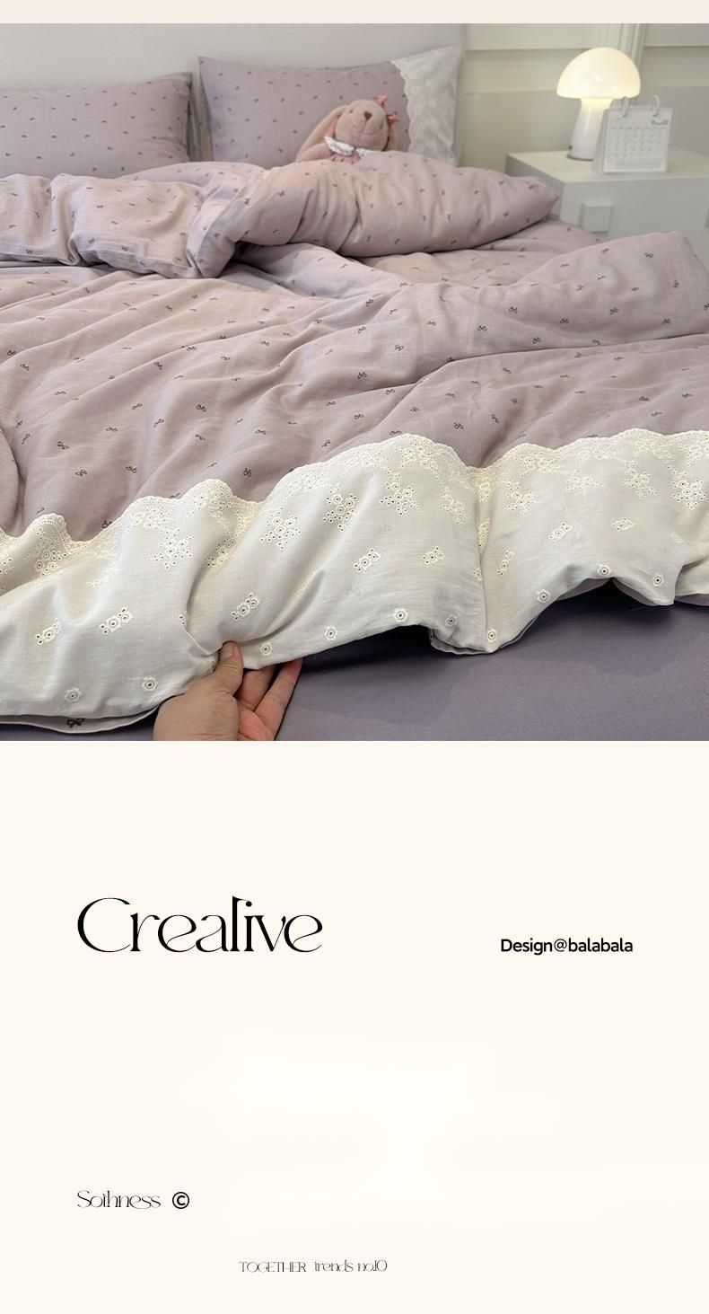Parure de lit de style français de classe A, quatre pièces, housse de couette en gaze de coton pur, double couche, drap-housse d'été pour dortoir_voghion.com