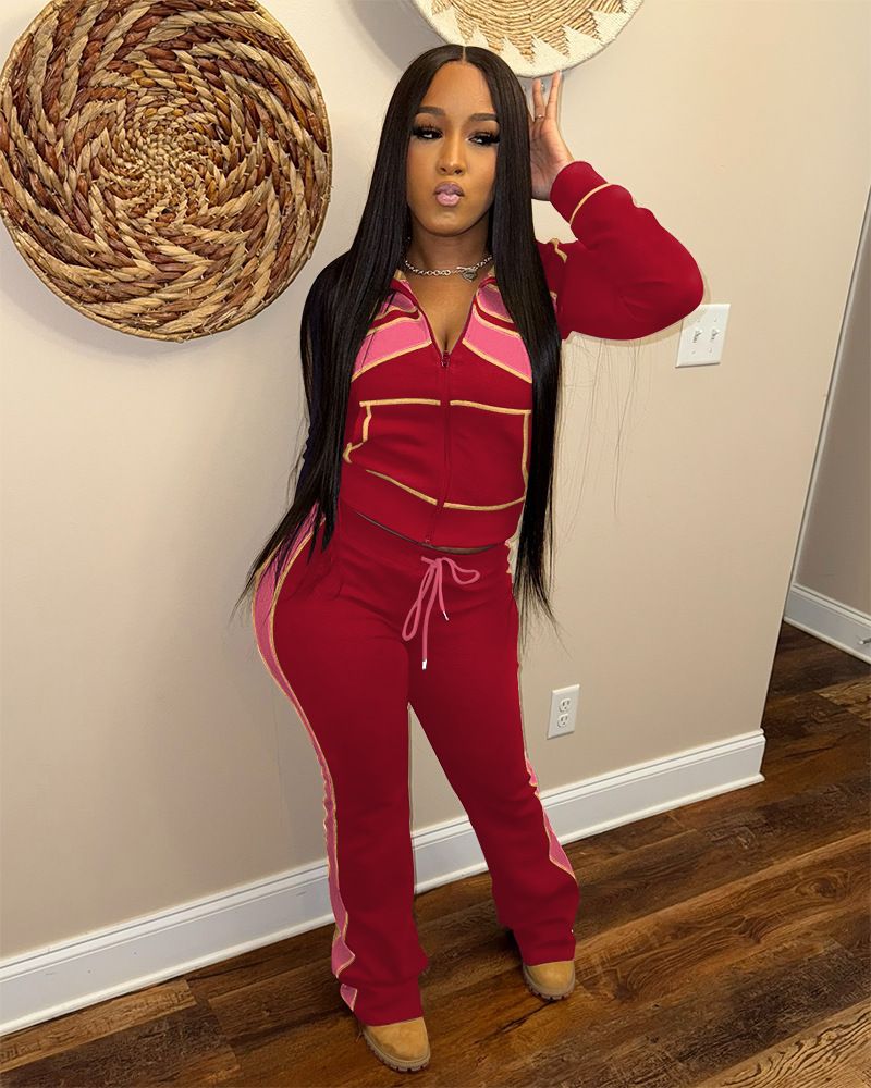 Completo tuta color-block da donna – Felpa con cappuccio a maniche lunghe e pantaloni jogger – Completo casual in due pezzi (S-XXL)_voghion.com