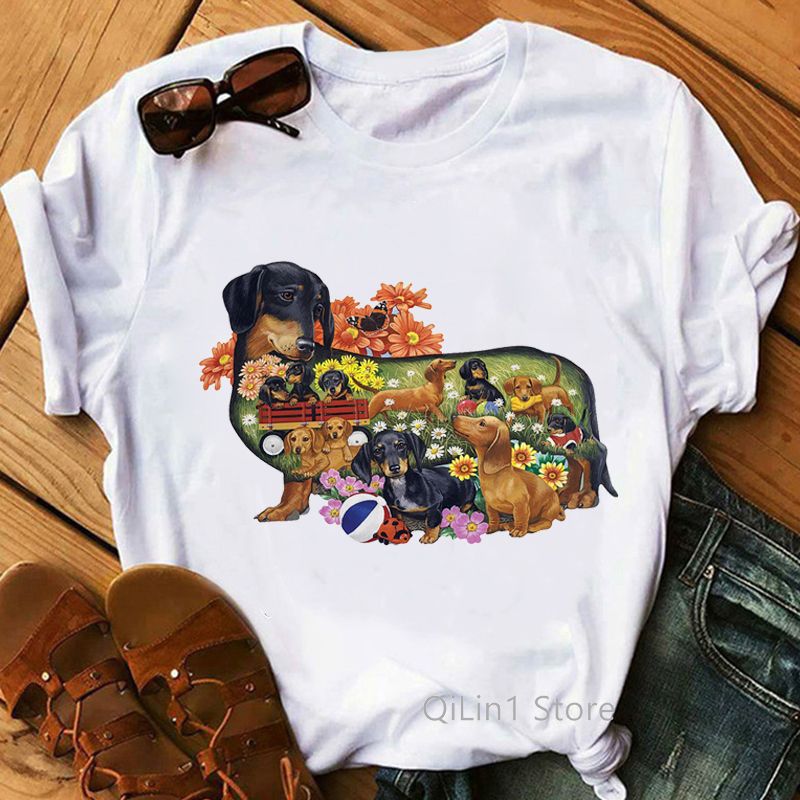 hot selling Ik hou van mijn teckel grafische T-shirts Vrouwen Grappige witte korte mouw top Vrouwelijke T-shirt Dame T-shirt Hondenliefhebber Verjaardagscadeau_voghion.com