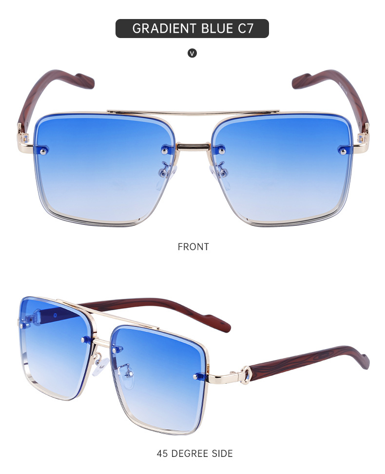 2024 Neue europäische und amerikanische Vintage-Doppelstrahl-Sonnenbrille aus Metall für Herren, Spiegelbeine aus Holzimitat, Anti-Blaulicht-Sonnenbrille für Herren_voghion.com