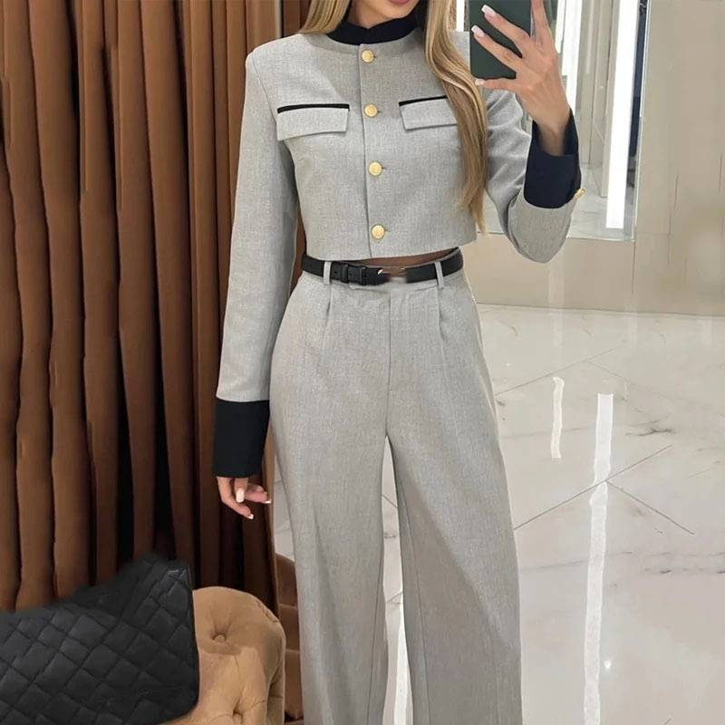 Women's Clothing fashion contrasting color small fragrance style elegant wide-leg trousers suit_voghion.com
