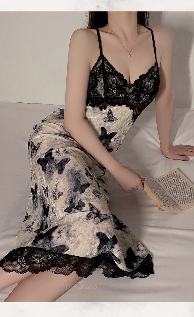 Women's Clothing Guiruo Underwear Pure Desire Ancient Style Butterfly Print Plus Chest Pad Suspender Nightdress Outer Robe Home Clothes_voghion.com