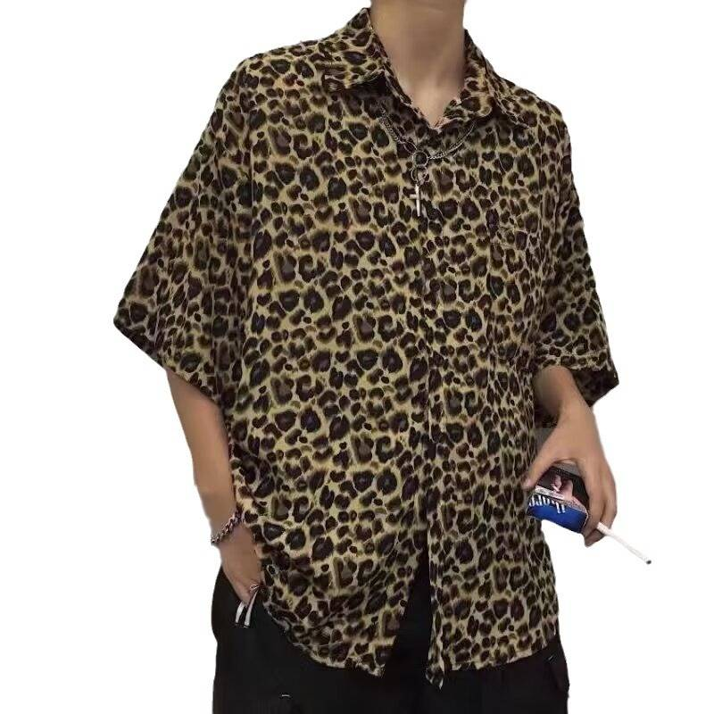 Camicia da uomo estiva in seta sottile con stampa leopardata, a maniche corte, casual, retrò, alla moda, di alta qualità_voghion.com