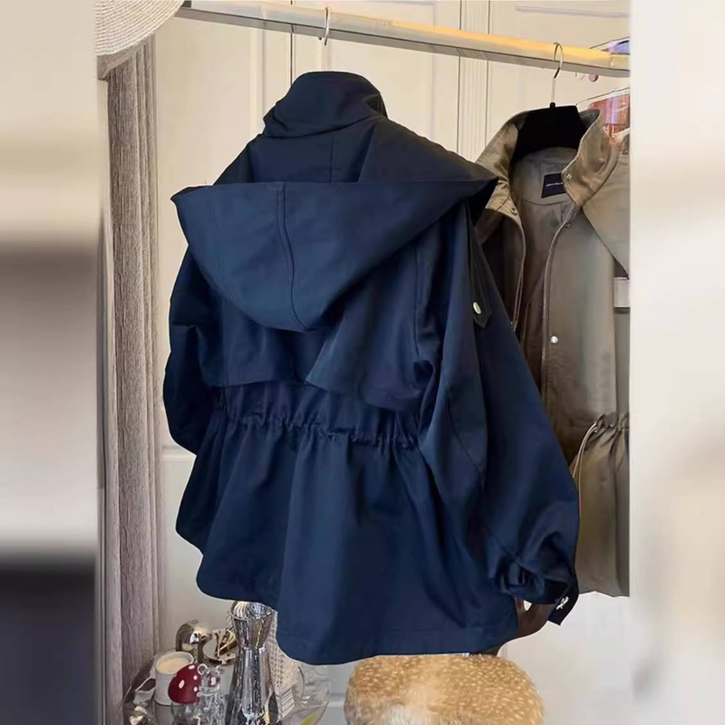 Abbigliamento da donna Giacca oversize elegante da donna con coulisse in vita - Cappotto corto casual per primavera e autunno (nero/kaki, S/M/L/XL)_voghion.com