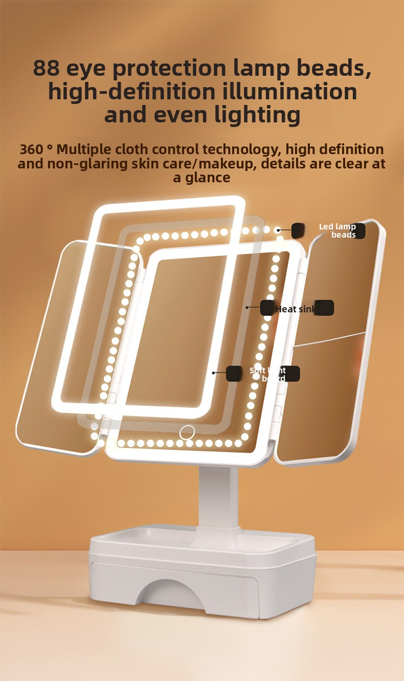 Espejo de tocador LED de 3 lados con control táctil y compartimento de almacenamiento - Iluminación regulable y ajustable 360° para maquillaje y cuidado de la piel (blanco)_voghion.com
