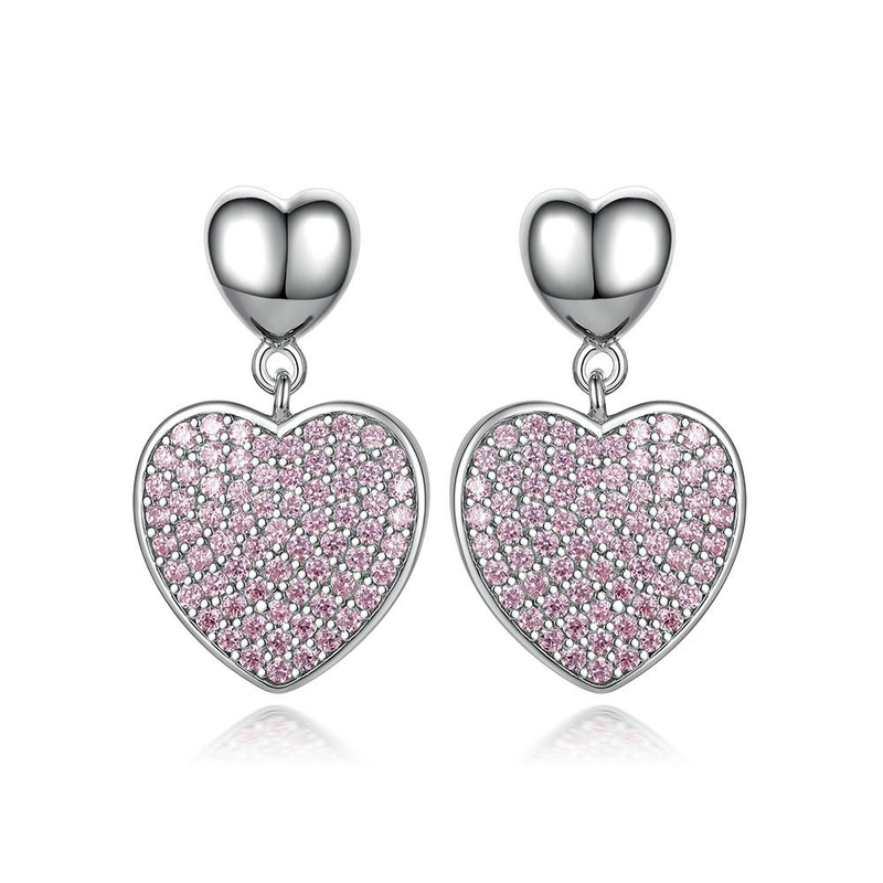 Modische Ohrringe für Damen, schlichte Ohrringe in Doppelherzform, Nischendesign, vollständig mit rosa Zirkonia eingelegte Sterlingsilber-Ohrringe_voghion.com
