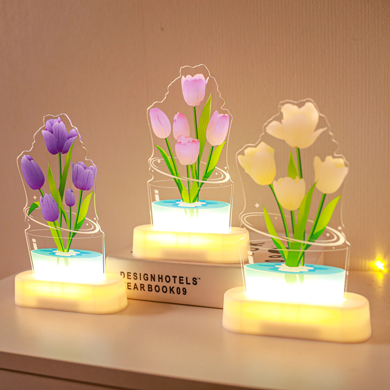 UV Printed Tulip Night Light - 20cm Decorative LED Flower Lamp With Warm White Glow_voghion.com