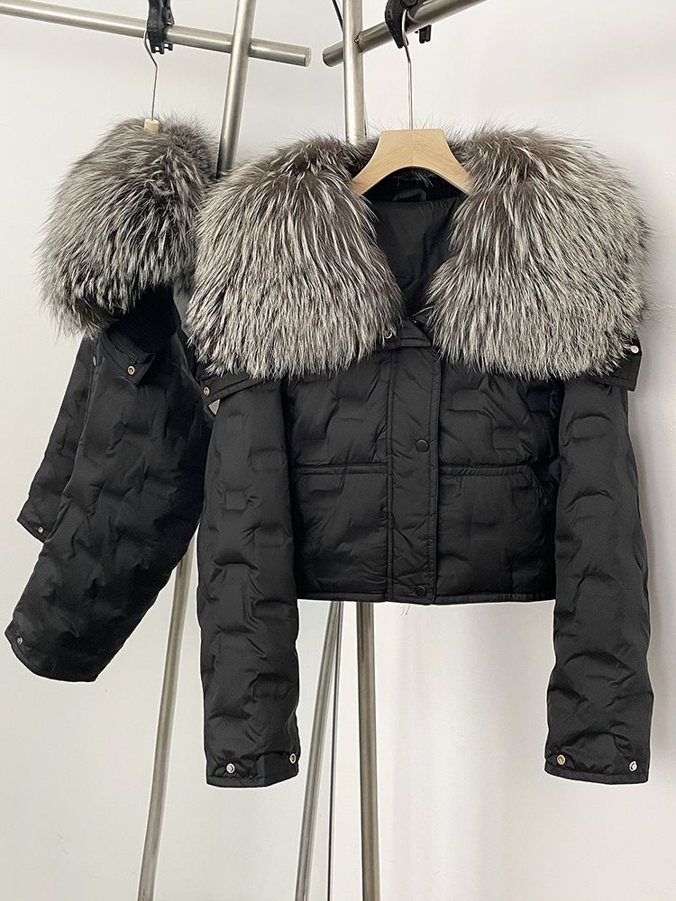 Stylische kurze Daunenjacke für Damen mit luxuriösem Fuchspelzkragen, geometrischem Musterdesign, 90 % weißen Entendaunen, warmer Wintermantel_voghion.com