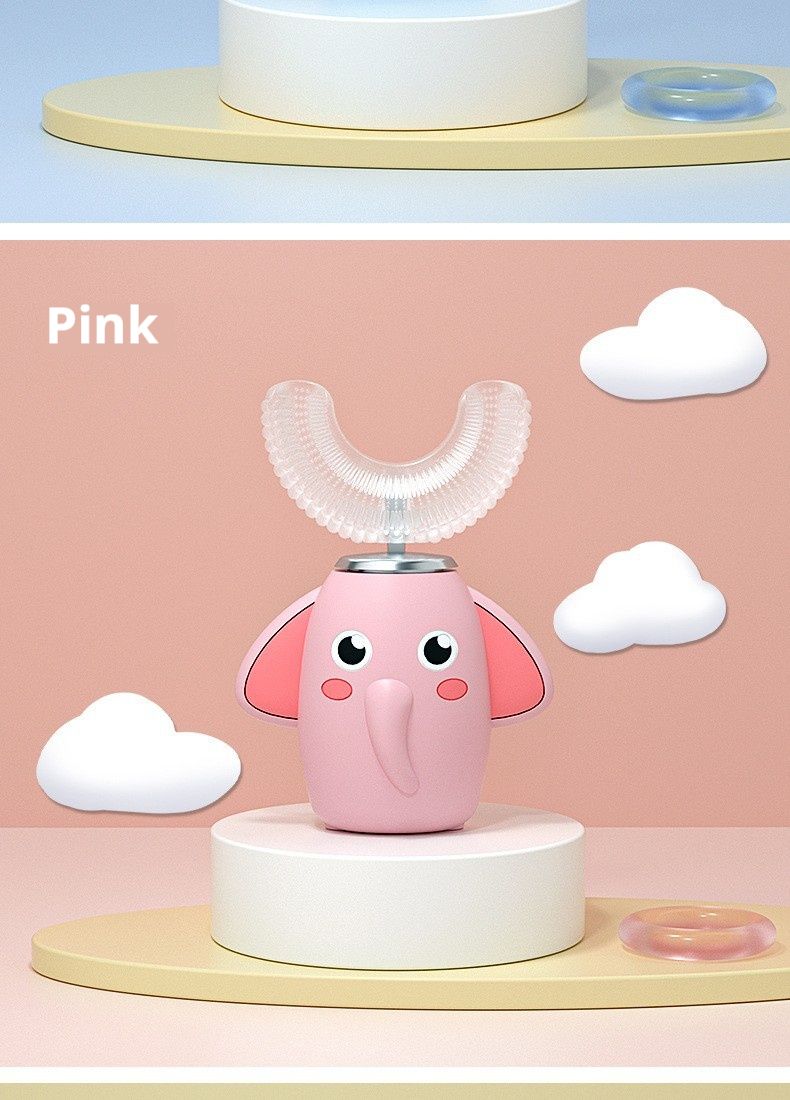 Cepillo de dientes eléctrico infantil en forma de U: 3 modos, limpieza de 360°, cerdas suaves de silicona, silencioso (36 dB), recargable, diseño de elefante (con pasta de dientes)_voghion.com