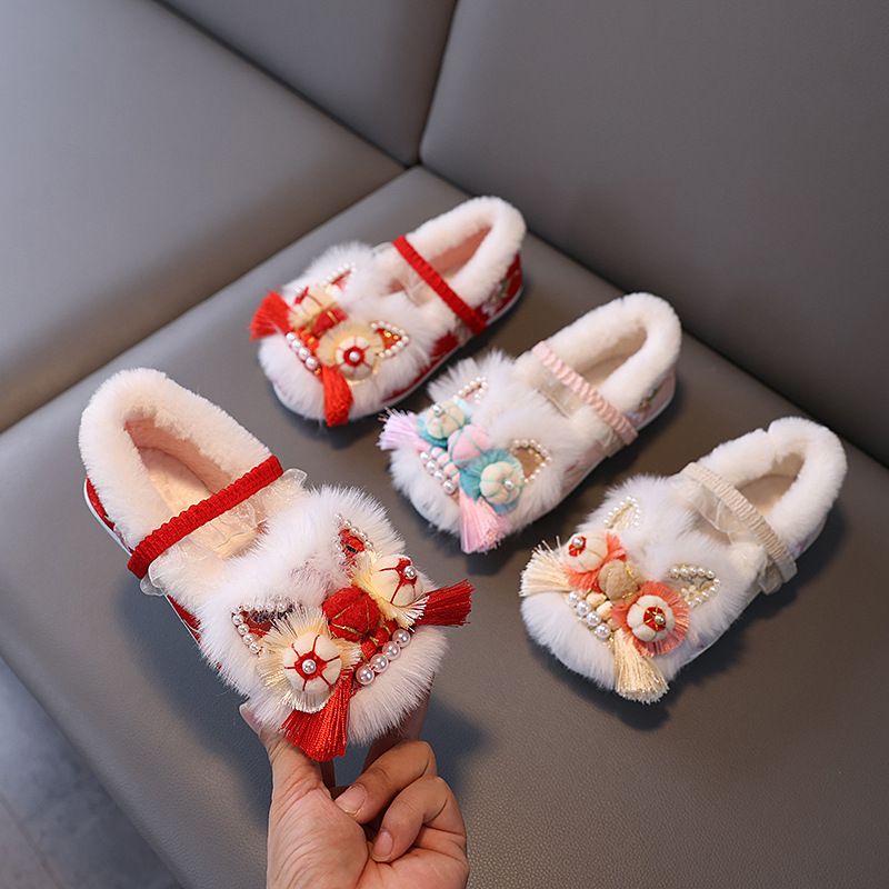 Hanfu d'hiver ShoeGlobe pour filles avec doublure polaire, jupe brodée style chinois à tête de cheval, chaussures pour enfants faites main à tête de tigre, neuf_voghion.com