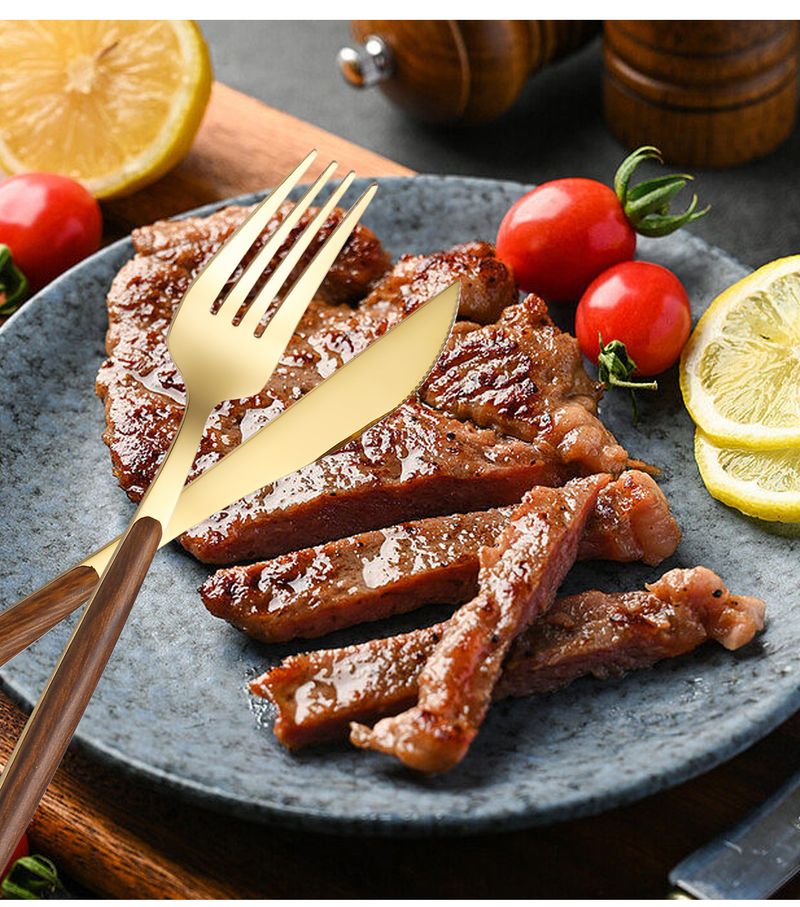 Set di posate in acciaio inossidabile da 24 pezzi - Coltelli e forchette da bistecca in acciaio 430 con manico in legno retrò_voghion.com