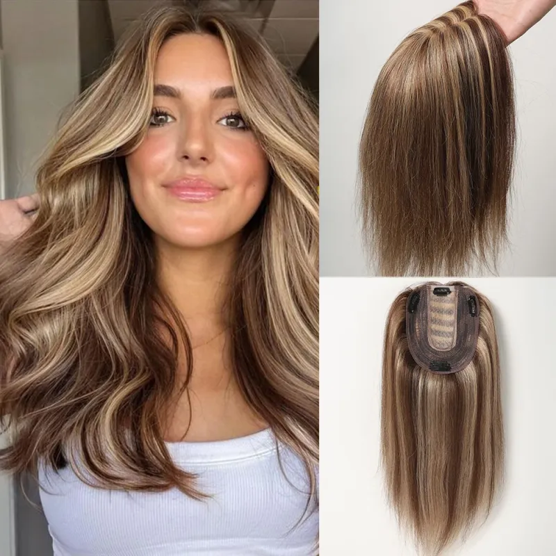 Topper per capelli umani da donna per capelli diradati, clip per toupee marrone, base in seta per capelli veri, riga centrale da 12 pollici_voghion.com