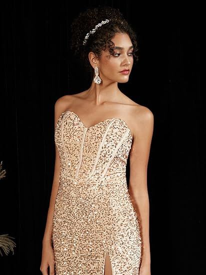 Women's Clothing Illusionary Sequins Back Tie Corset style Side Slit Tube Top Herringbone Evening Dress_voghion.com