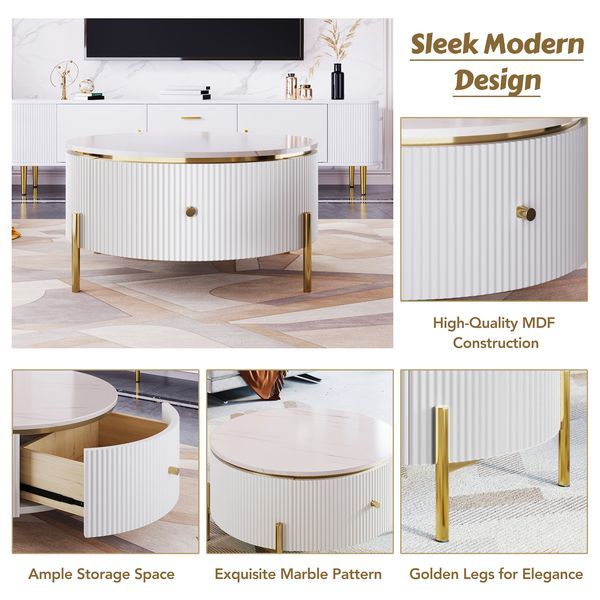 Modern Round Coffee Table With 2 Large Drawers Storage Accent Table(31.5'')_voghion.com