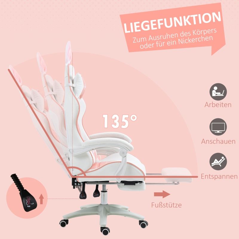 Chaise de jeu Vinsetto avec support lombaire, repose-pieds et appui-tête – Chaise ergonomique rose pour gamer, réglable en hauteur et inclinable, idéale pour le bureau et les jeux vidéo._voghion.com