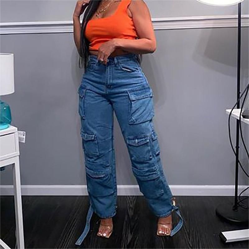 Dameklær Trendy Jeans med flere lommer Vaskede kjeledresser_voghion.com