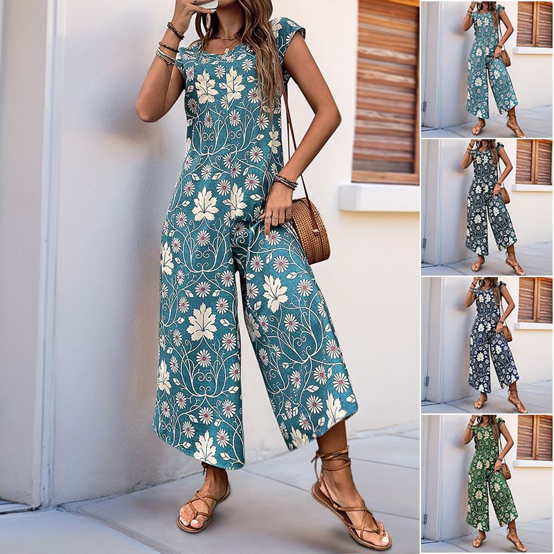 2025 New Summer European And American Casual Cross-Border Retro Floral Print Loose Jumpsuit Long Pants_voghion.com