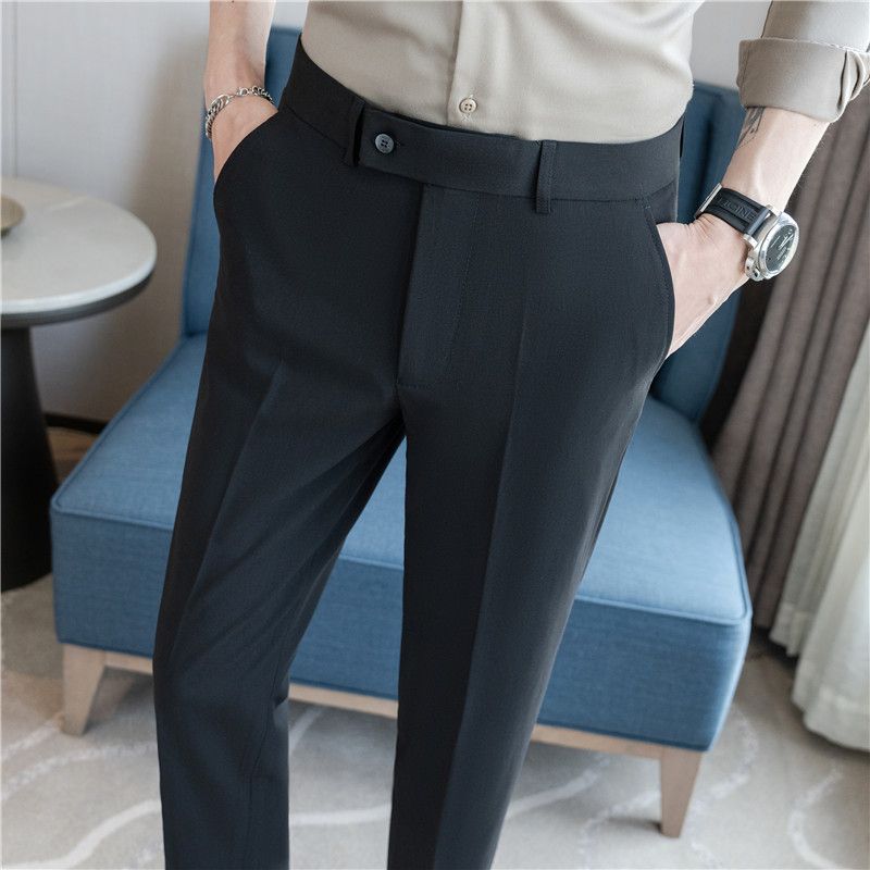 Summer new men's casual trousers, thin comfortable small straight nine-point trousers, elastic and drape on all sides, white trousers_voghion.com