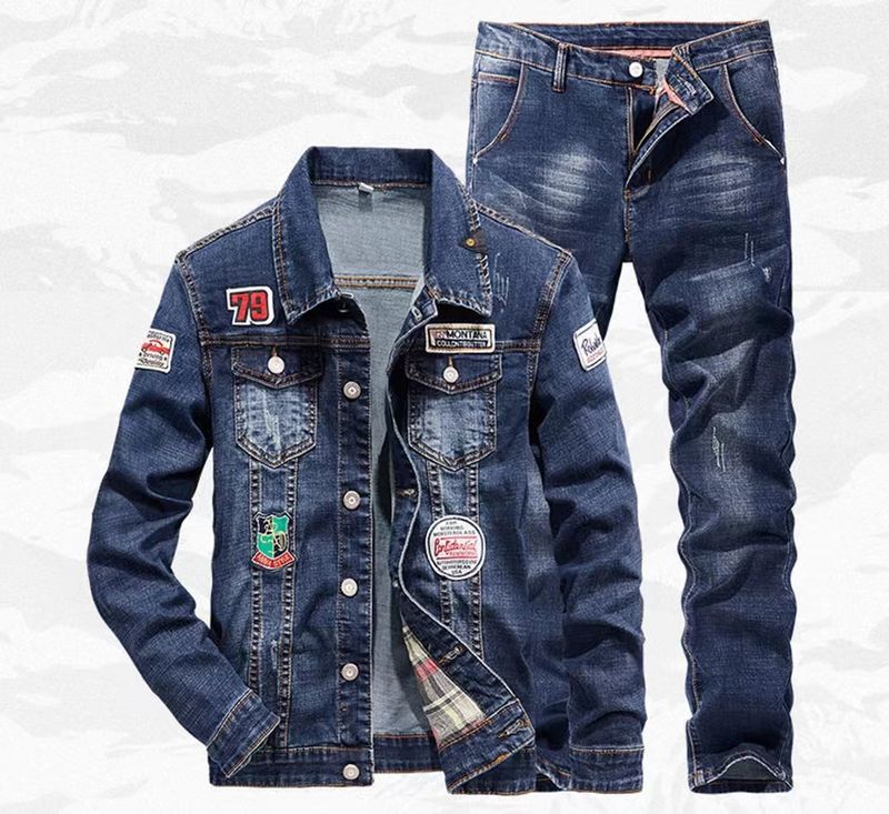 Ensemble deux pièces tendance pour homme, veste en jean et jean, tissu tricoté décontracté_voghion.com
