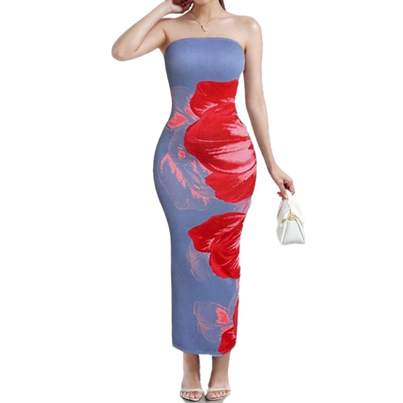 Spring New Women's Fashion Elegant Bodycon Off-Shoulder Printed Dress_voghion.com