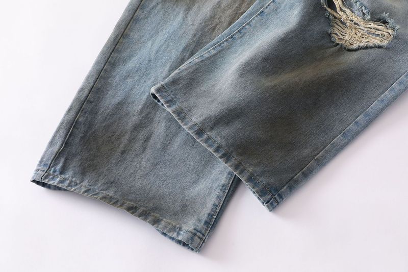 Men's Clothing Retro Washed Elastic Waistband Patchwork Denim Loose Jeans Dirty Ripped Design Long Pants_voghion.com