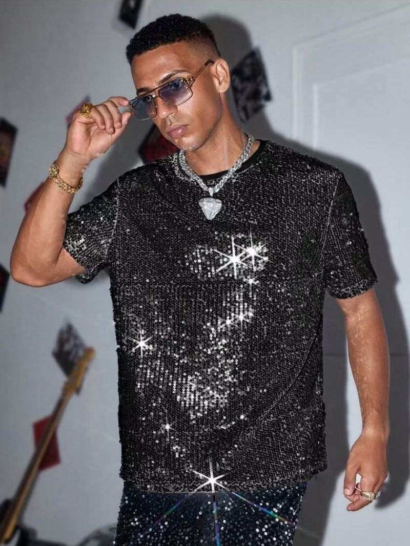 2025 grenzüberschreitende Sommer neue Pailletten Kurzarm-T-Shirt Herren europäischen und amerikanischen Performance Kleid glänzende Sänger Kleidung_voghion.com