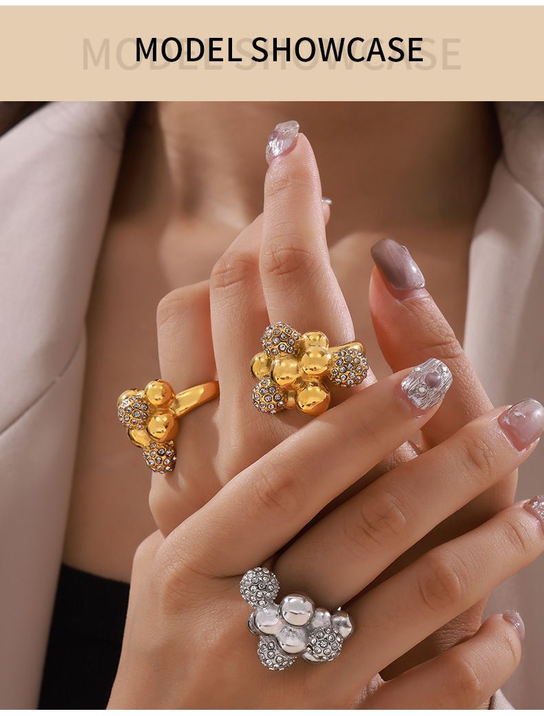 Ins Light Luxury Geometric Ball Diamond Set Ring Titanium Steel Versatile Personalized Ring Non Fading Jewelry_voghion.com