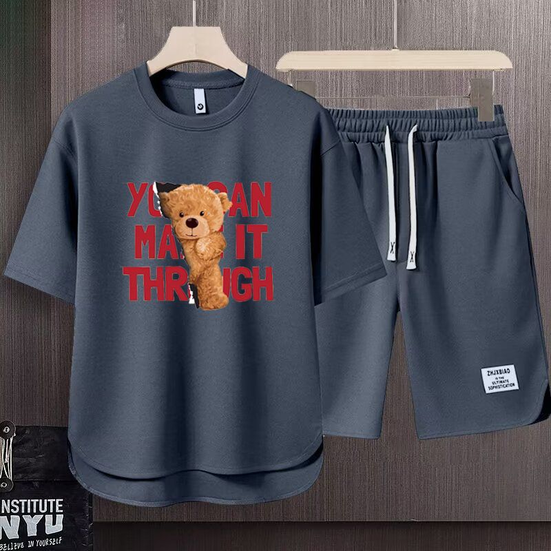 Vêtements pour hommes 2024 gaufré décontracté costume d'été hommes ample adolescent à manches courtes t-shirt Shorts beau deux pièces costume_voghion.com