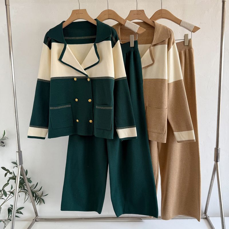Stilvolles Damen-Set aus Strickblazer und Hose mit weitem Bein – zweireihiges, lässiges Büro-Zweiteiler-Outfit in Schwarz, Braun, Grün und Camel (Einheitsgröße)_voghion.com