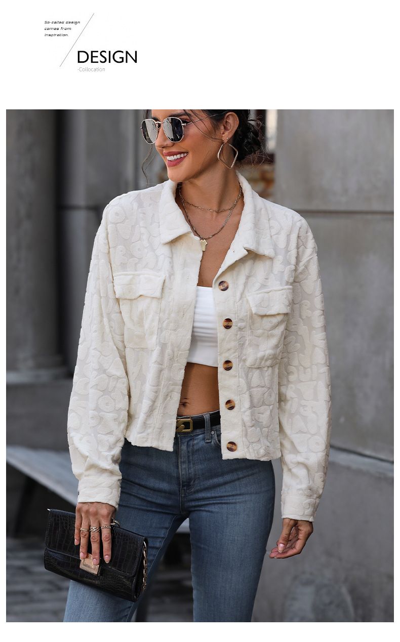 Women's Clothing autumn and winter shirt cardigan lapel button texture jacquard jacket_voghion.com