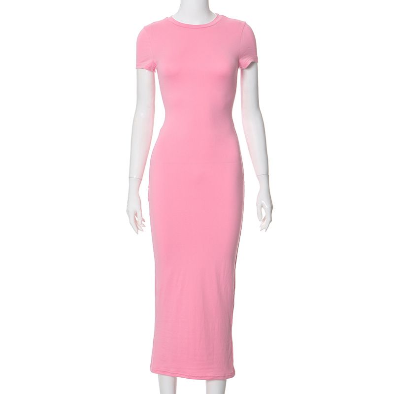 Abito da donna alla moda, a maniche corte, aderente, con scollo rotondo, tinta unita_voghion.com