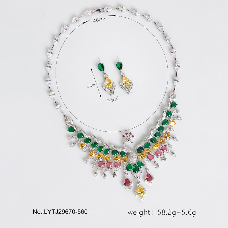 ethnic style bride zircon peacock shape earrings set tassel colorful clavicle necklace jewelry set_voghion.com