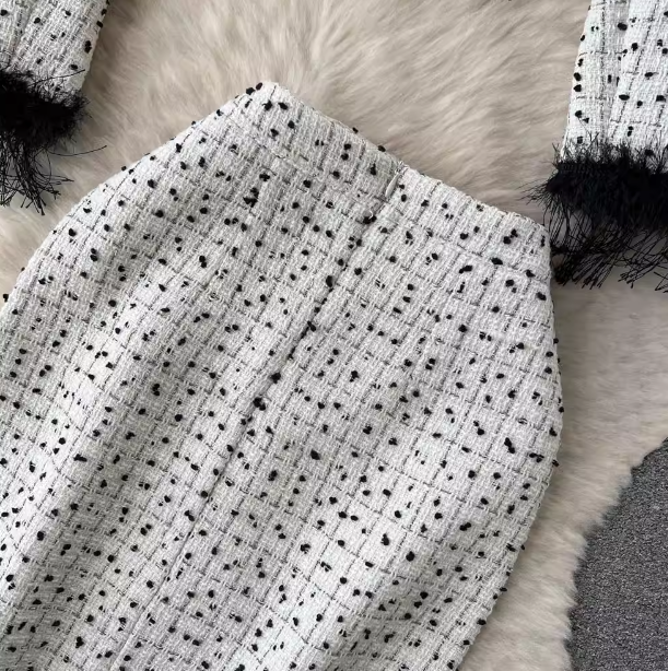 Abbigliamento Donna Nuovo completo autunnale e invernale per donna, giacca corta alla moda con nappe + gonna media lunghezza sui fianchi, completo in due pezzi_voghion.com