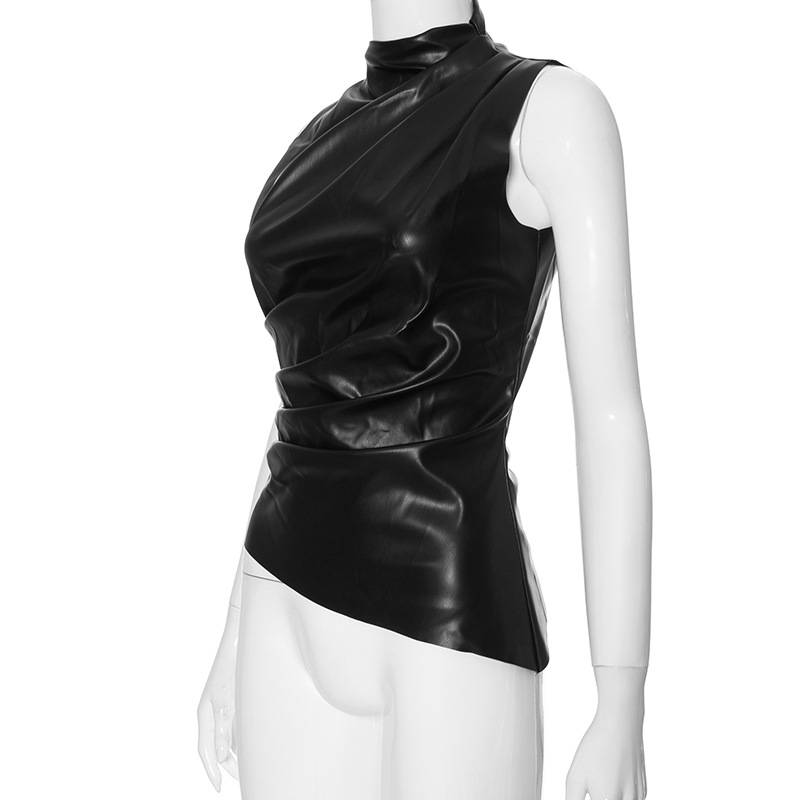 Gtpdpllt PU Leather Tank Top High Fashion Asymmetrical Ruched Sleeveless Blouse Winter Sexy T Shirt For Women Y2K Clothes_voghion.com