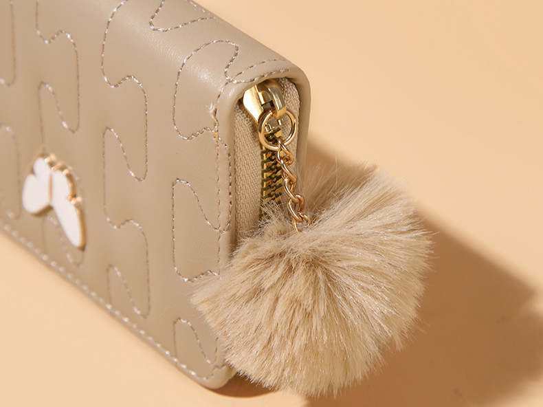 Women's Quilted Women's Wallet With Zipper & Fur Ball - Short Purse With Butterfly Charm (Minimalist & Versatile)_voghion.com