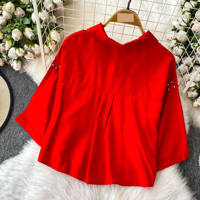 Luxe blouse met versieringen voor dames, statement revers, top met halflange mouwen, 8 levendige kleuren (zwart/groen/rood/meer) voor op kantoor en een avondje uit_voghion.com