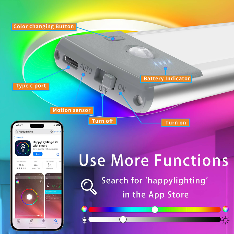 Lampa podszafkowa z czujnikiem ruchu 9,88 cala, 45 diod LED RGB APP, bezprzewodowa, ładowalna (zestaw 1 szt.)_voghion.com