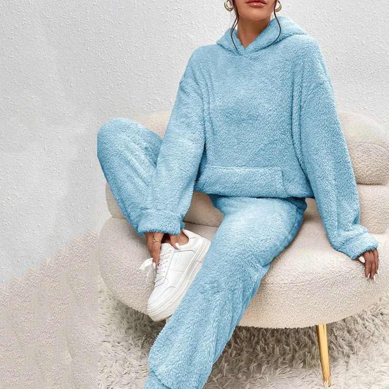 Pigiama da donna autunnali, caldo, con scollo rotondo, due pezzi, tinta unita, casual, comodo, abbigliamento da casa per donna_voghion.com