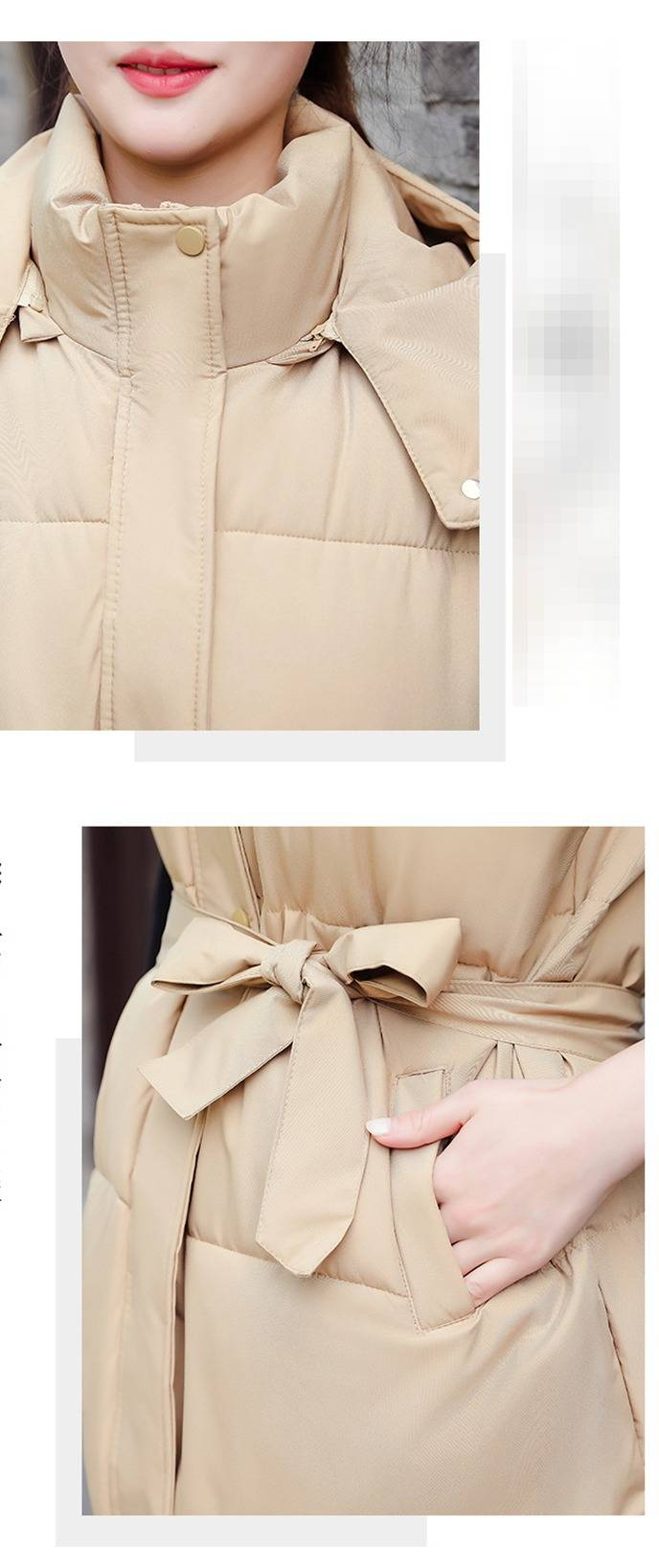 Gilet long à capuche et ceinture pour femme, veste matelassée légère, coupe ample et décontractée pour l'hiver, noir/blanc/kaki_voghion.com