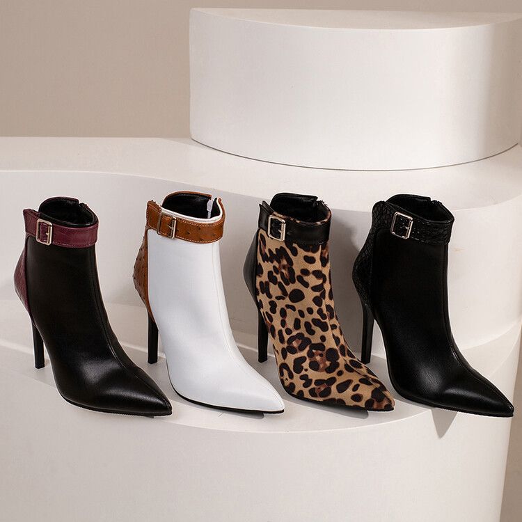 2022 European and American style pointed thin heel fashion women's boots leopard print short boots foreign trade large size color matching short boots_voghion.com