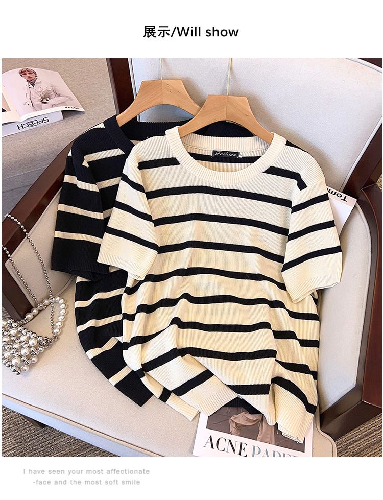 Plus Size Summer Viscose Knit Top For Women, Slimming Short Sleeve T-Shirt For Curvy Figures (2XL-7XL, Black/Beige)_voghion.com