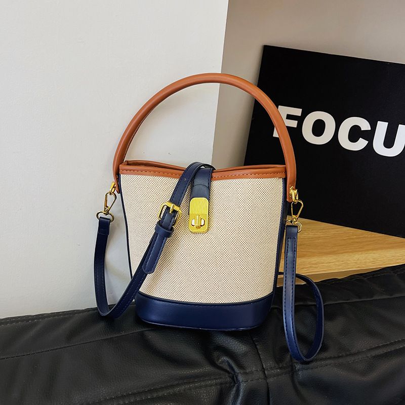 Color-Block Handheld Bucket For Women Korean Version New Fashionable Fabric Single Shoulder Crossbody Bag_voghion.com