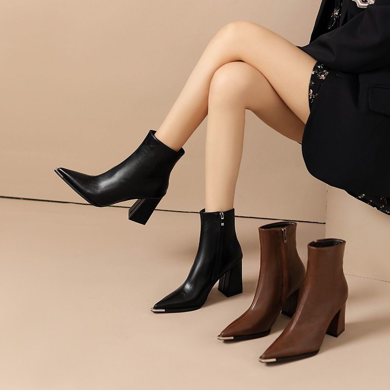Pointed High For Women Genuine Leather Autumn Winter New Metal Toe Martin Chunky Heel Ankle Single Boots_voghion.com