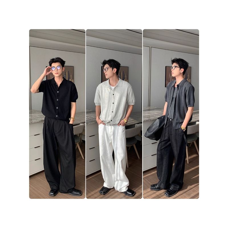 Souh Korea Dongdaemun Men's Fashionable Casual High-Qualiy Turn-Down Collar Knied Cardigan Shir Shor Sleeve_voghion.com