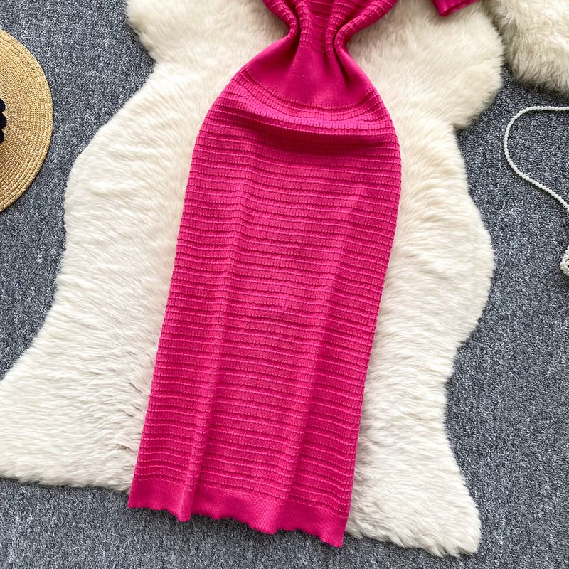 Abito da donna in maglia con scollo a V, fiocco, diamanti, vestibilità aderente, splendida gonna lunga_voghion.com