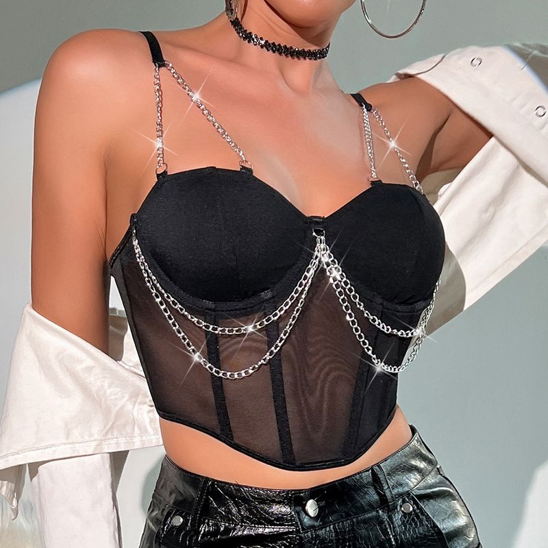 Dammekleeder nei duerchsichteg Mesh Splicing Metallkette Hot Girl Fëschgrat Kuerz Top K0622_voghion.com