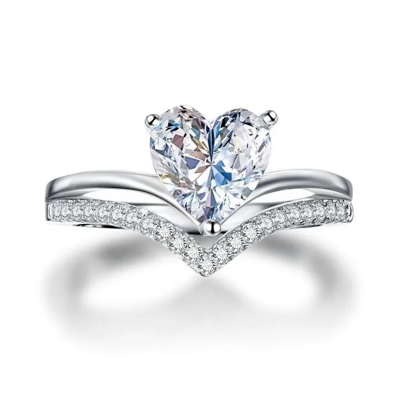 Ready Stock Delicate Sier Color White Zircon Stones Heart Rings for Women Fashion Bridal Engagement Wedding Ring Set Jewelry Gift_voghion.com