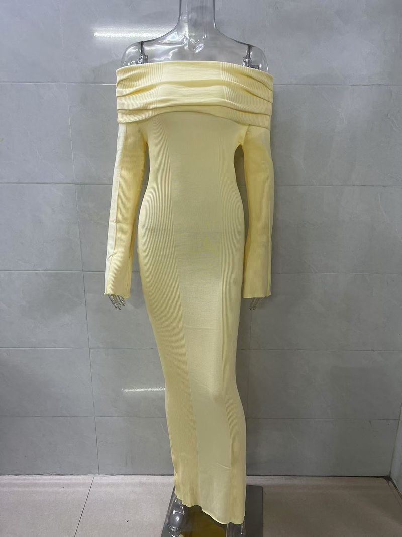 Robe longue élégante en tricot à épaules dénudées et volants, robe moulante à manches longues pour femme, en polyester extensible, tenue décontractée et de soirée_voghion.com